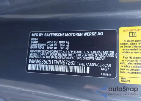 2014 Mini Paceman Cooper S z USA, uszkodzony, nr VIN WMWSS5C51EWN67262